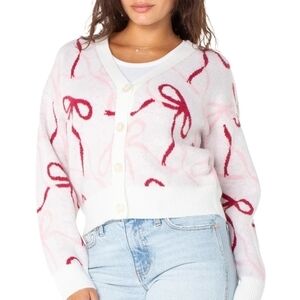 Celebrity Pink NEW Bow Print Cardigan White Pink Button Up Sweater - Size M